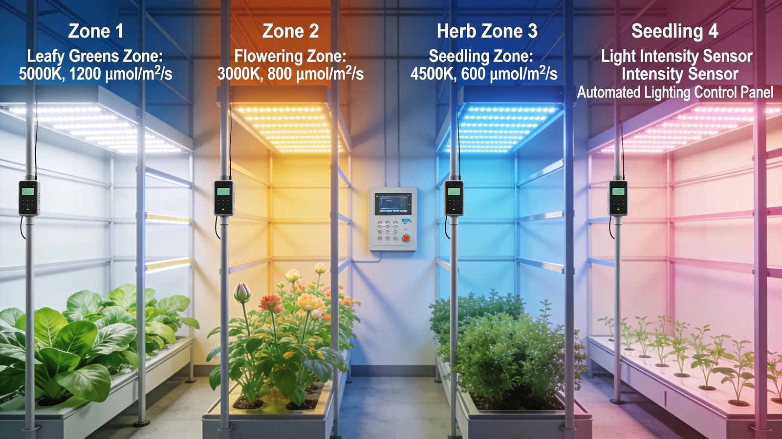 Zone-based lighting management in a commercial grow facility showcasing diverse plant species