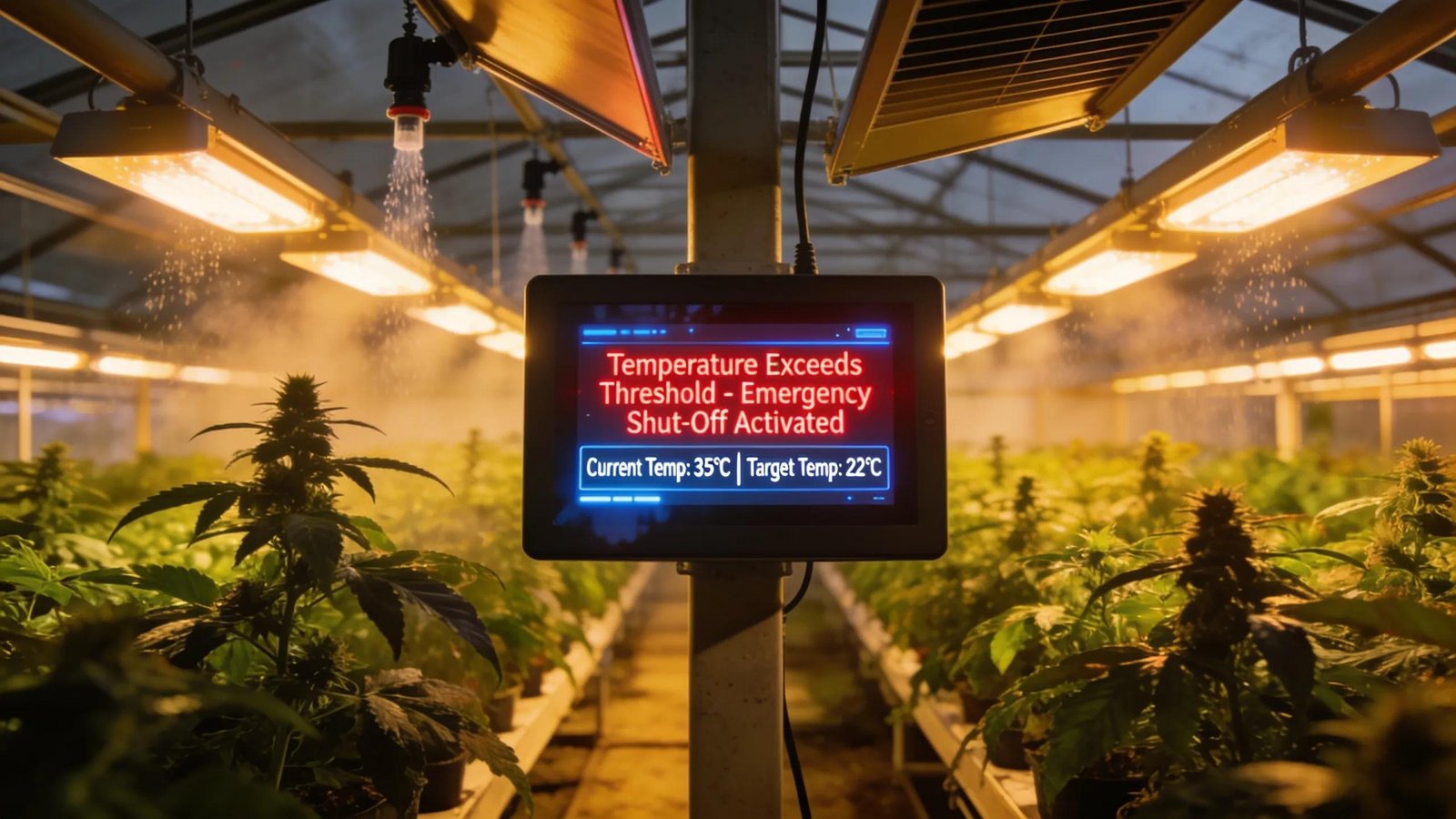 Emergency temperature shut-off and dimming systems in a commercial greenhouse ensuring plant health