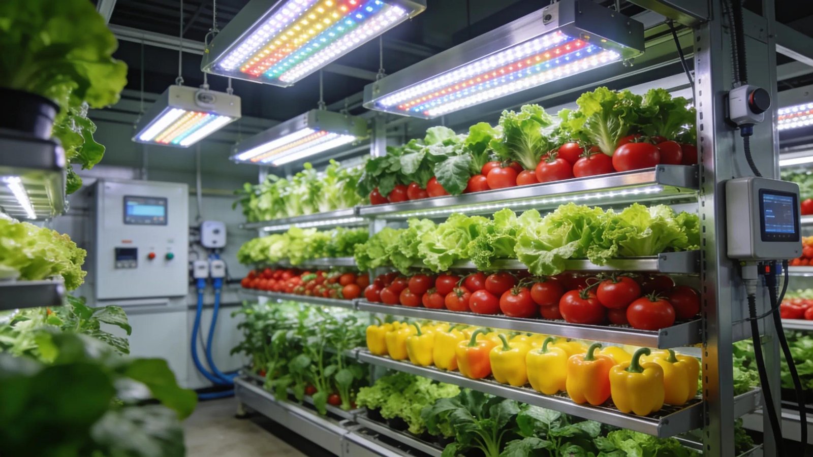 Vibrant indoor farm produce showcasing optimized crop yield achieved through effective lighting strategies and horticultural techniques