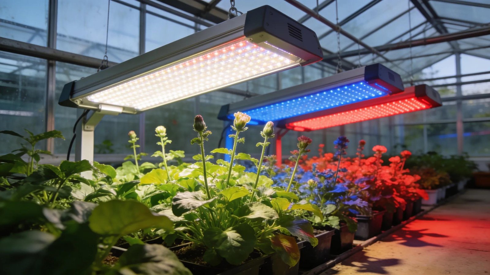 Modern horticultural lighting in a greenhouse with full-spectrum and targeted spectrum LED lights illuminating healthy plants