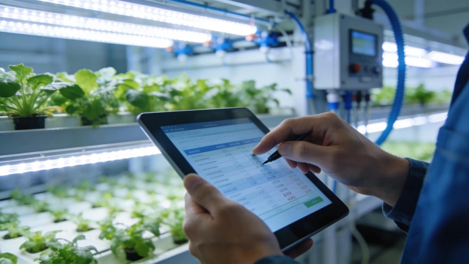 A professional calculating the total cost of ownership for LED grow lights in a modern vertical farming setup.