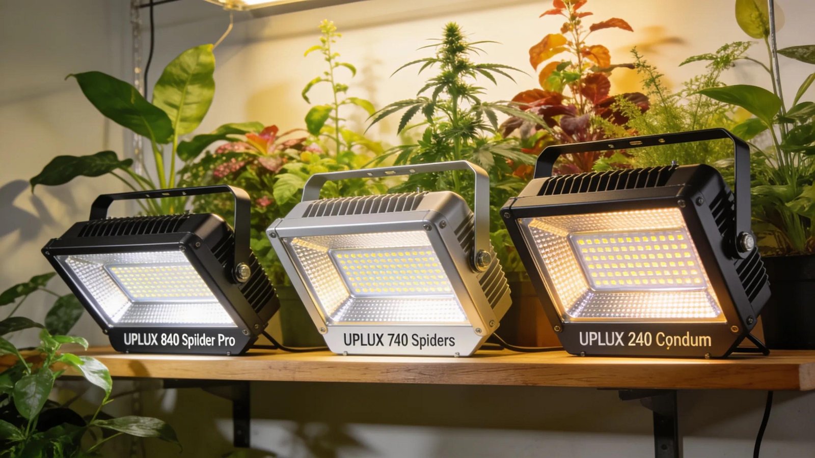 A showcase of UPLUX professional LED grow lights displayed alongside thriving indoor plants.
