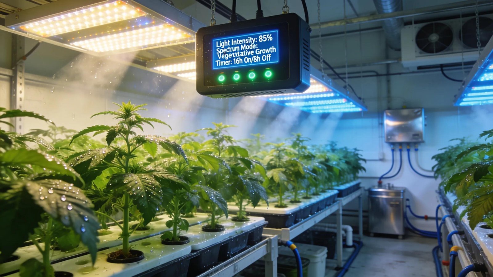 Centralized LED grow light controllers enhancing plant growth in a modern commercial grow room