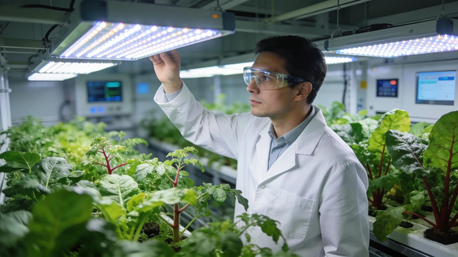 A horticulturist examining LED grow lights in a thriving commercial indoor farming environment.