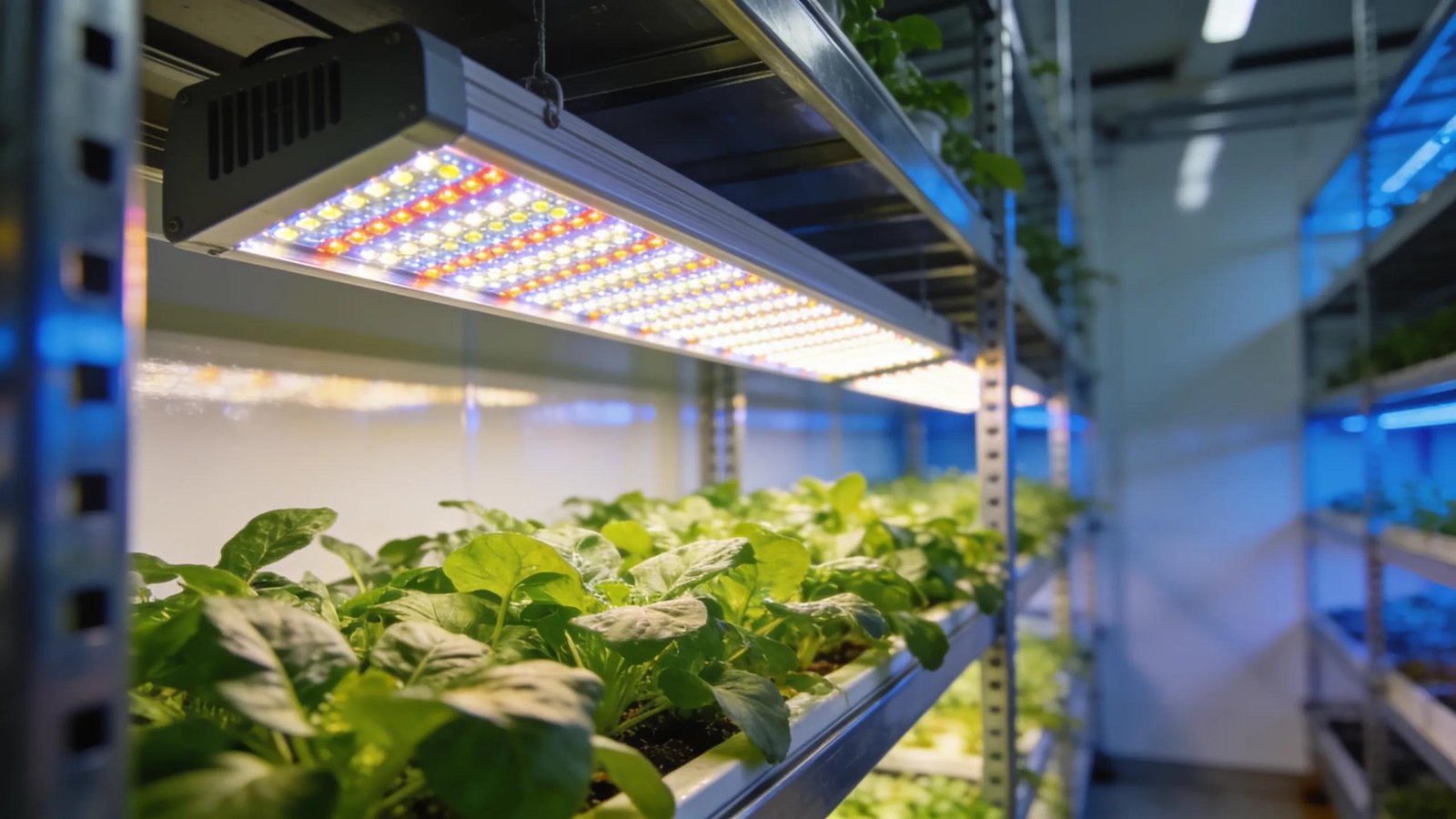 Quantum board lighting technology illuminating plants in a commercial vertical farm