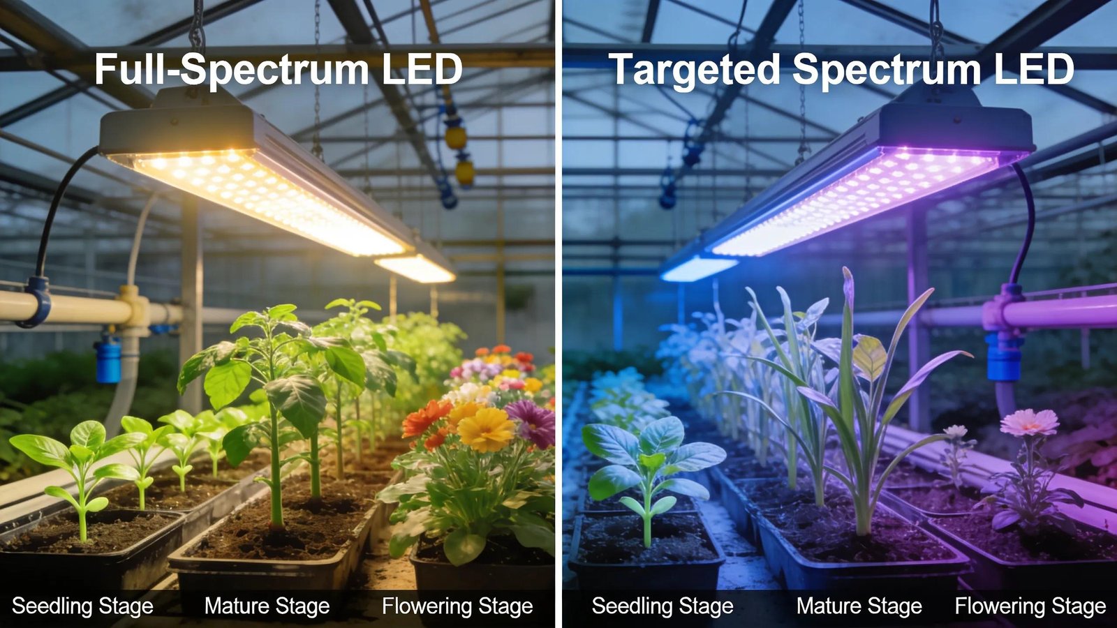Comparison of full-spectrum and targeted spectrum LED grow lights in a greenhouse demonstrating their impact on plant growth